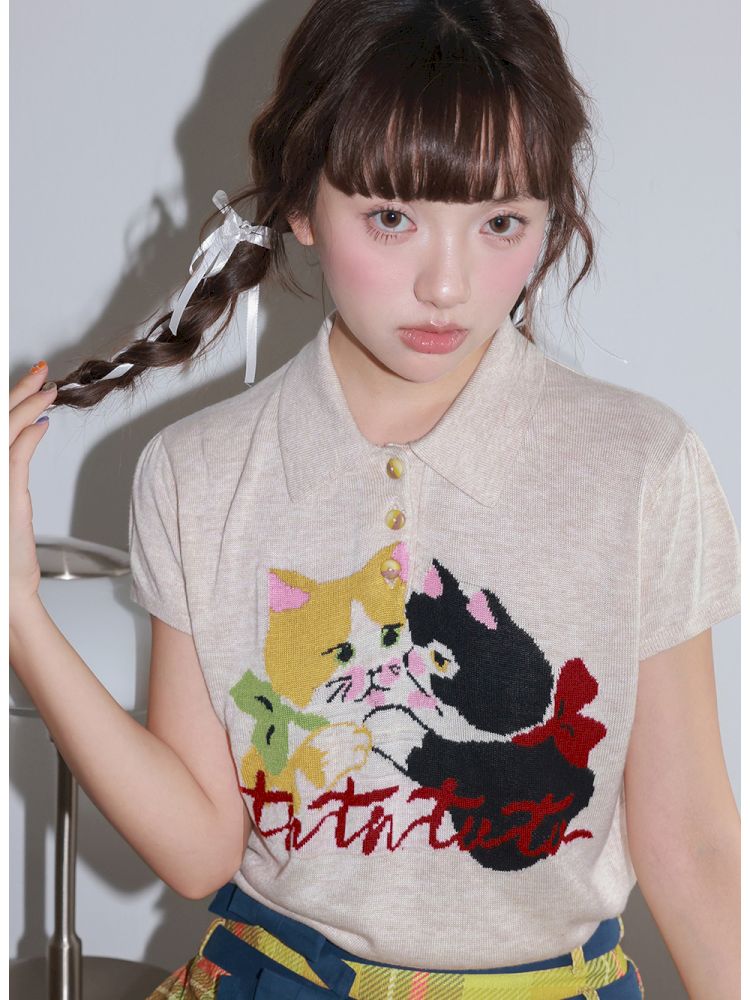 Two-Tone Kitten Knit Short-Sleeve Polo Shirt【s0000013925】