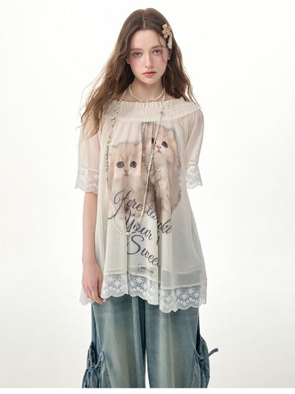 Lace Patchwork Cat Print T-Shirt【s0000017303】