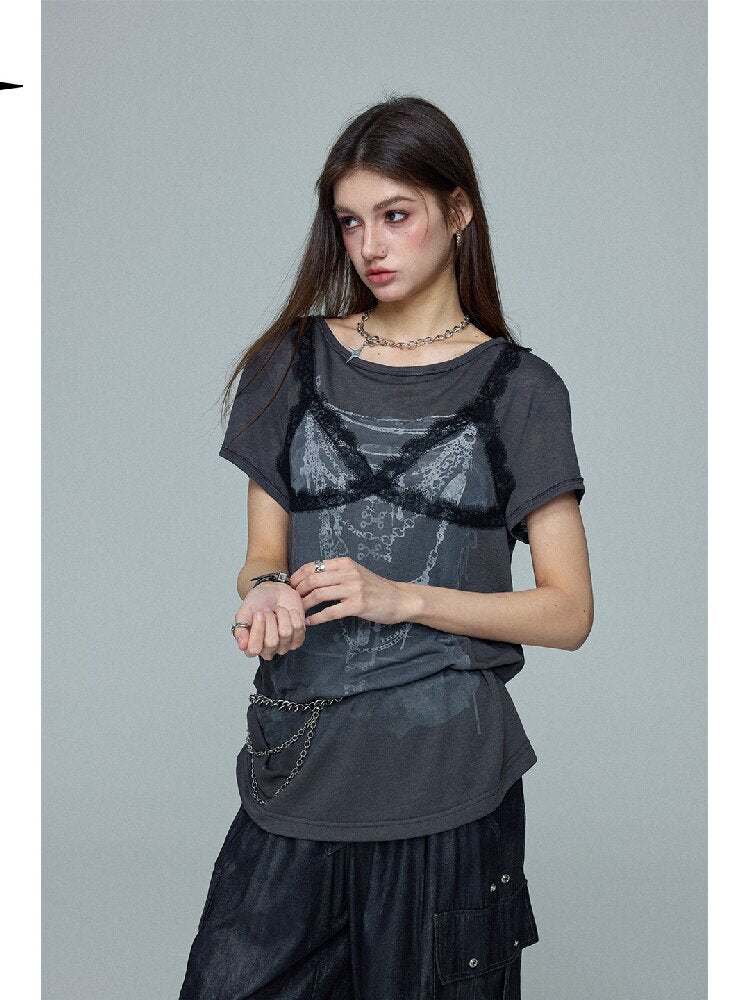 Lace Print Knitted Layered Top【s0000016689】