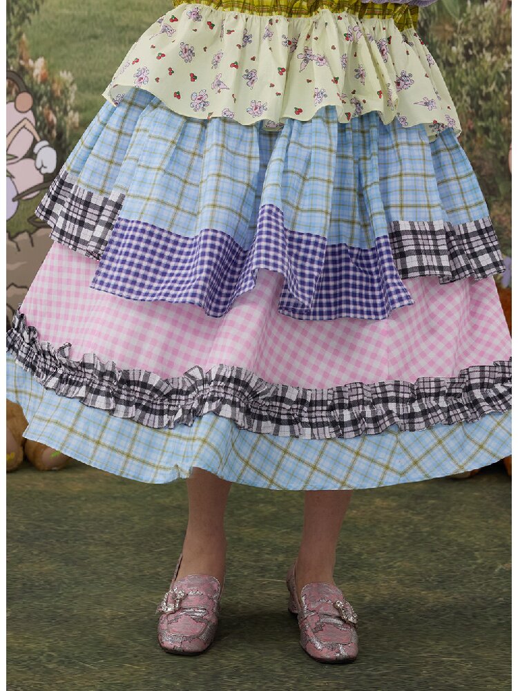 Plaid Print Cotton Lace Midi Skirt【s0000017119】