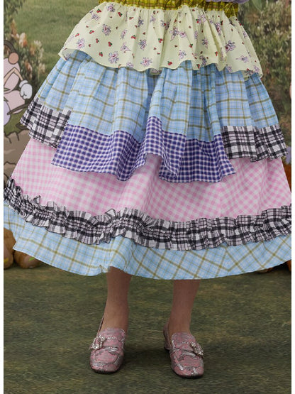 Plaid Print Cotton Lace Midi Skirt【s0000017119】