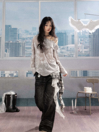 Plaid Ruffled Wide Leg Jeans【s0000016268】
