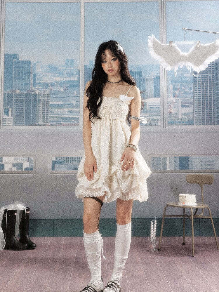 Shirred Lace White Texture Dress【s0000016278】