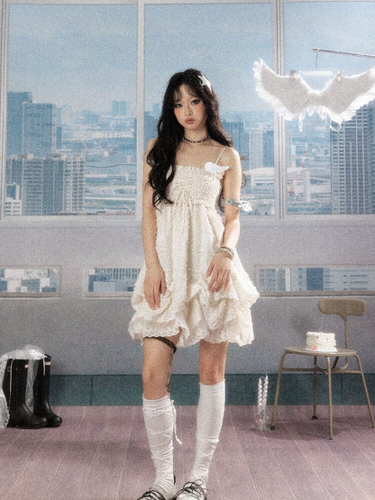 Shirred Lace White Texture Dress【s0000016278】