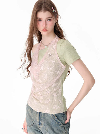 Fake Two-Piece Patchwork Lace Short T【s0000017682】