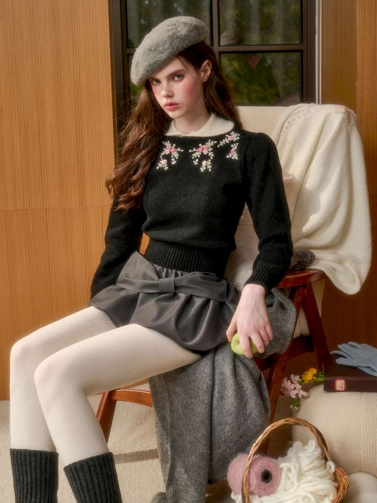 Wool Warm Hand-Embroidered Doll Collar Knit【s0000014893】