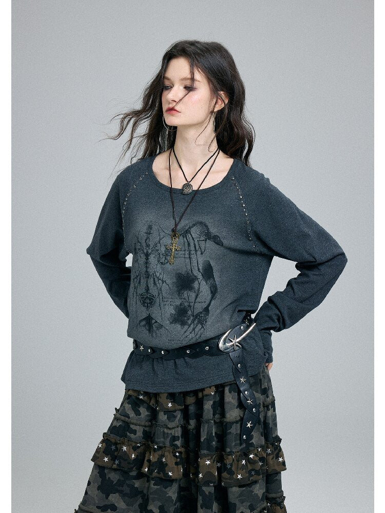 Washed Printed Rivet Knitted Top【s0000016261】