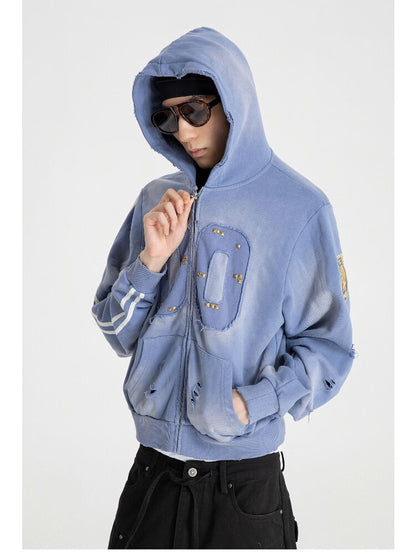 Embroidered Distressed Zipper Hoodie【s0000018569】