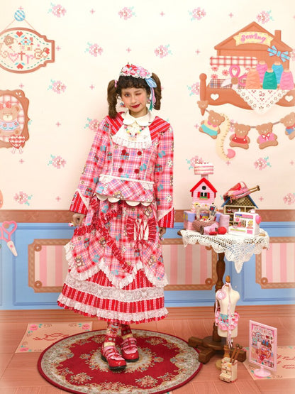 Red Pink Check Lace Skirt Blazer【s0000015574】