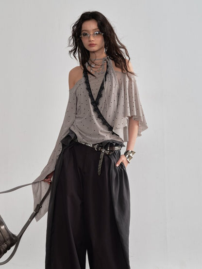 Halterneck Polka Dot Shawl Sleeve Top【s0000015694】