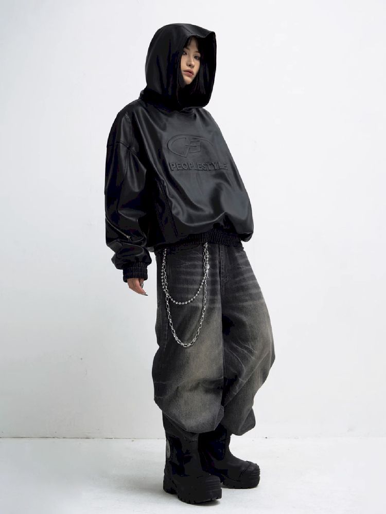 PU Leather Black Hooded Sweatshirt【s0000011348】