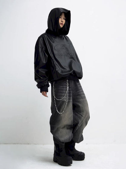 PU Leather Black Hooded Sweatshirt【s0000011348】