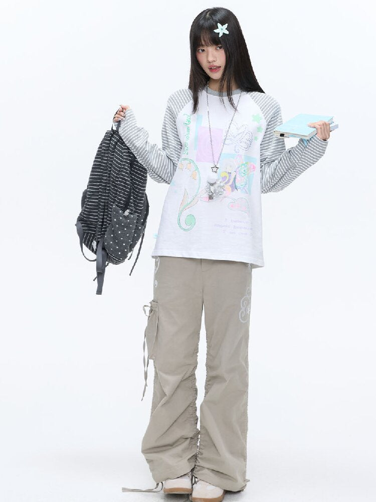Loose Print Striped Raglan Top【s0000016378】
