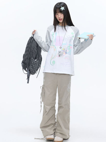 Loose Print Striped Raglan Top【s0000016378】