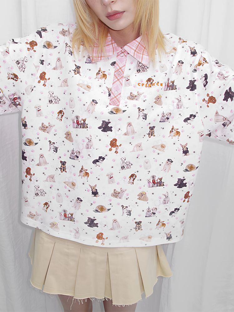 Dog Print Oversize Polo Shirt【s0000013873】