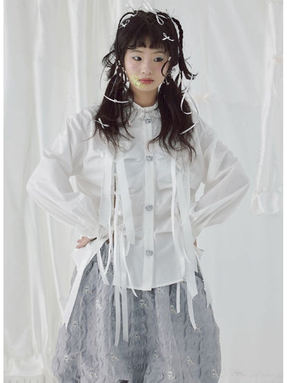 Bow Ribbon Pleated Cute Metal Button Blouse【s0000004650】