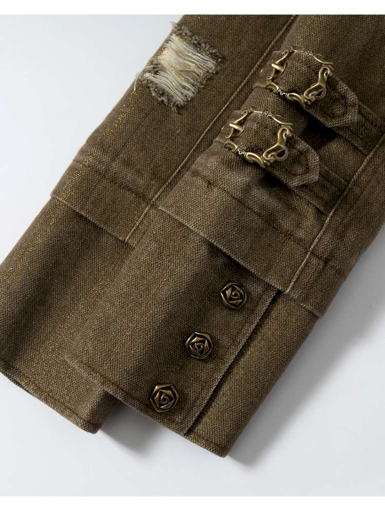 Washed Ripped Gold Filigree Denim Coat【s0000014653】