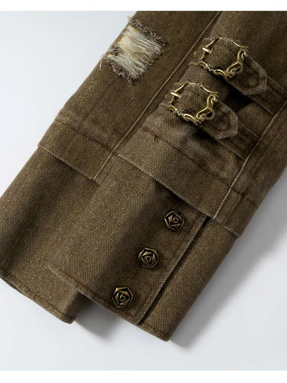 Washed Ripped Gold Filigree Denim Coat【s0000014653】