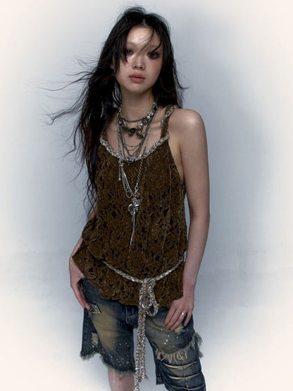 Slouchy Old Hollowed Out Loose Flocked Lace Vest [s0000008134]