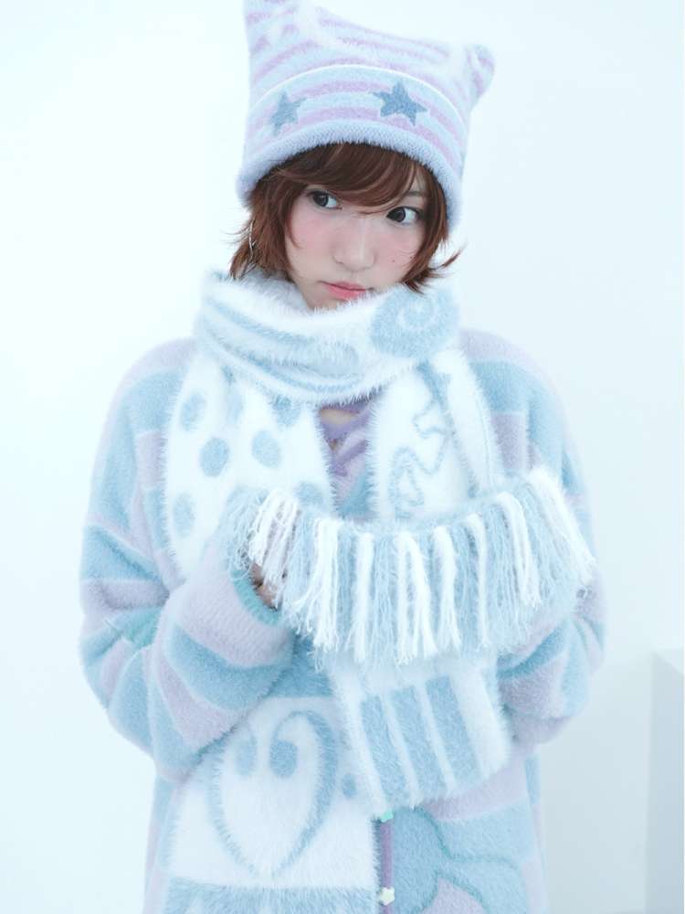 Blue White Polka Dot Mink Fringe Scarf【s0000014690】