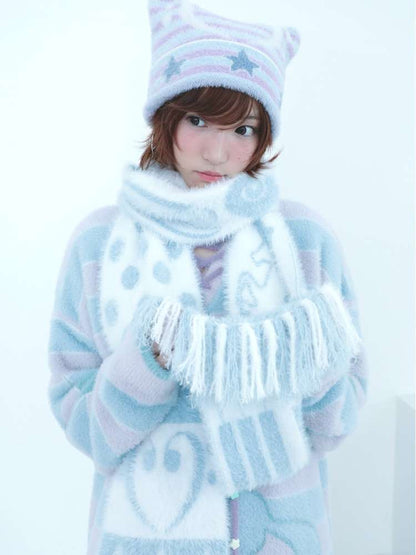 Blue White Polka Dot Mink Fringe Scarf【s0000014690】