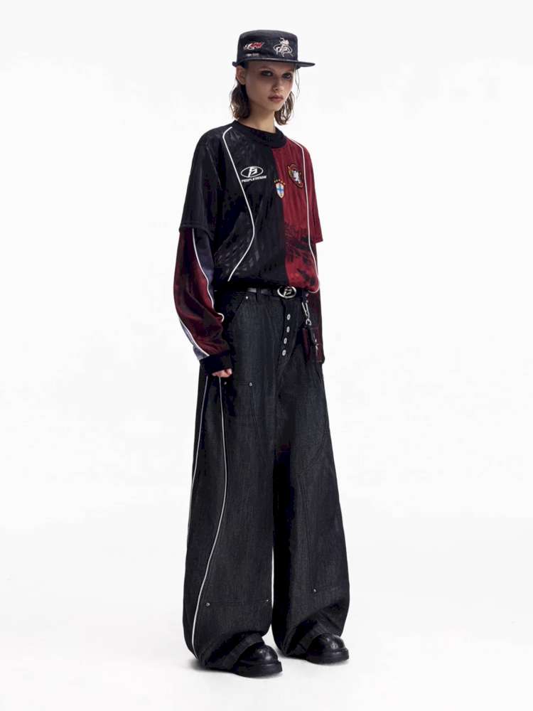 Red Trim Wide Leg Cotton Jeans【s0000015172】