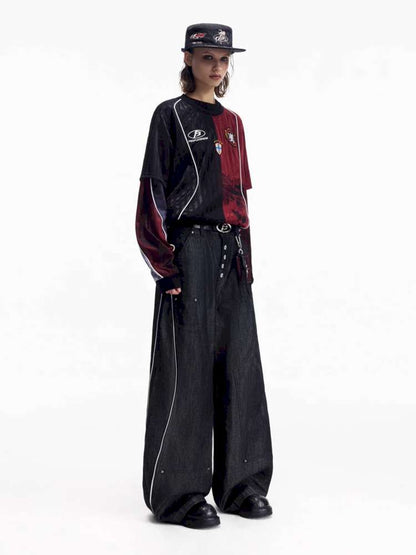 Red Trim Wide Leg Cotton Jeans【s0000015172】