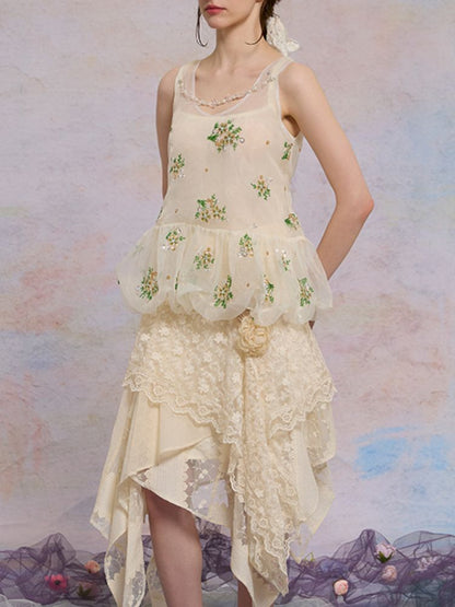 Retro embroidery mesh cloud undershirt【s0000013596】