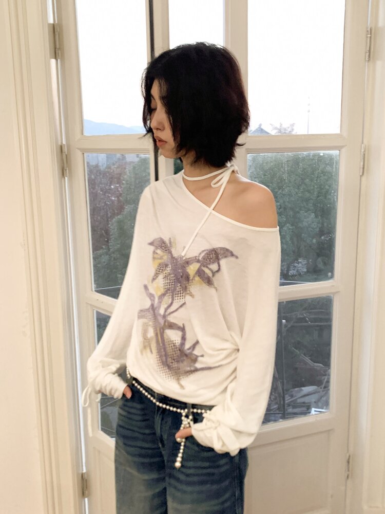 Mist Orchid Print Lace Up Top【s0000015457】