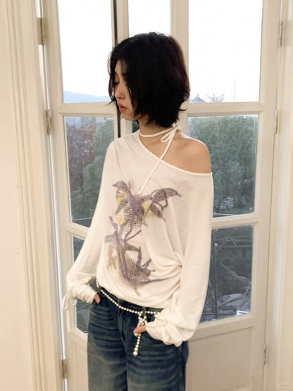 Mist Orchid Print Lace Up Top【s0000015457】