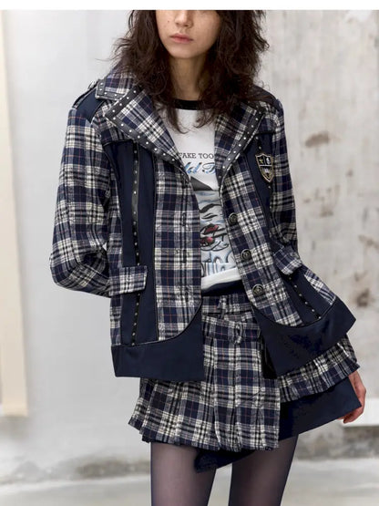 College Punk Badge Plaid Blazer【s0000014204】