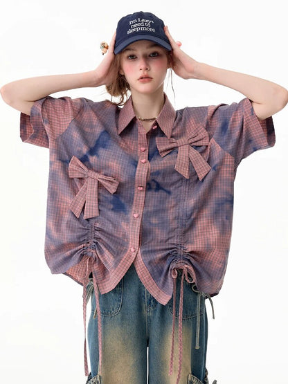 Distressed Plaid Bow Short Sleeve Shirt【s0000017755】