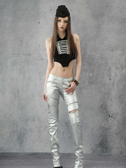 Silver Coated Studded Zip Pants【s0000016946】