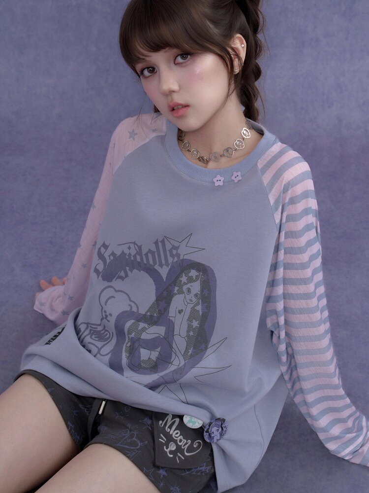 Doodle Print Raglan Sleeve T-Shirt【s0000017867】