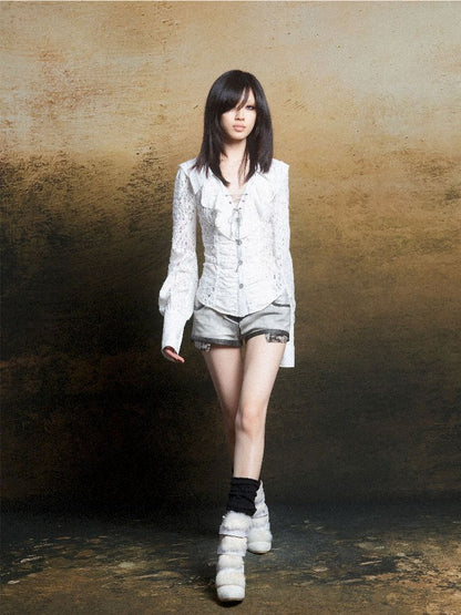 Ruffle Double Layer Collar Slim Shirt【s0000011814】