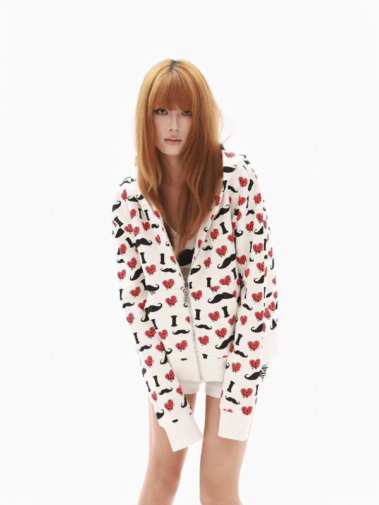 Heart Print Wide Zip Hoodie Jacket【s0000018354】