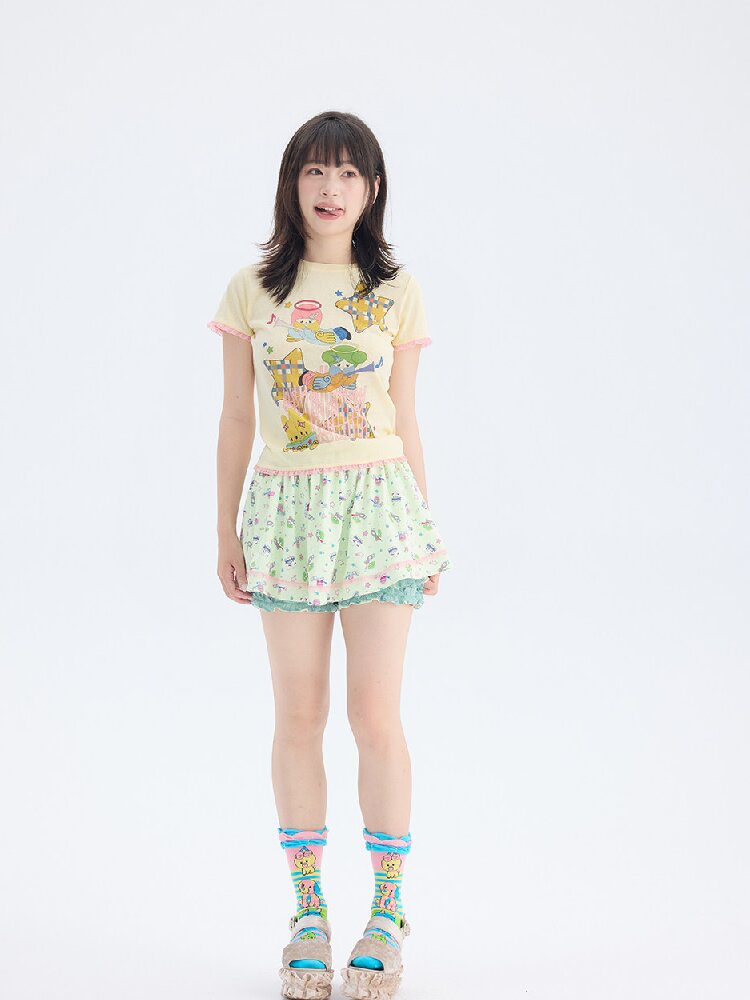 Star Angel Print Lace Short Sleeve Tee【s0000017696】