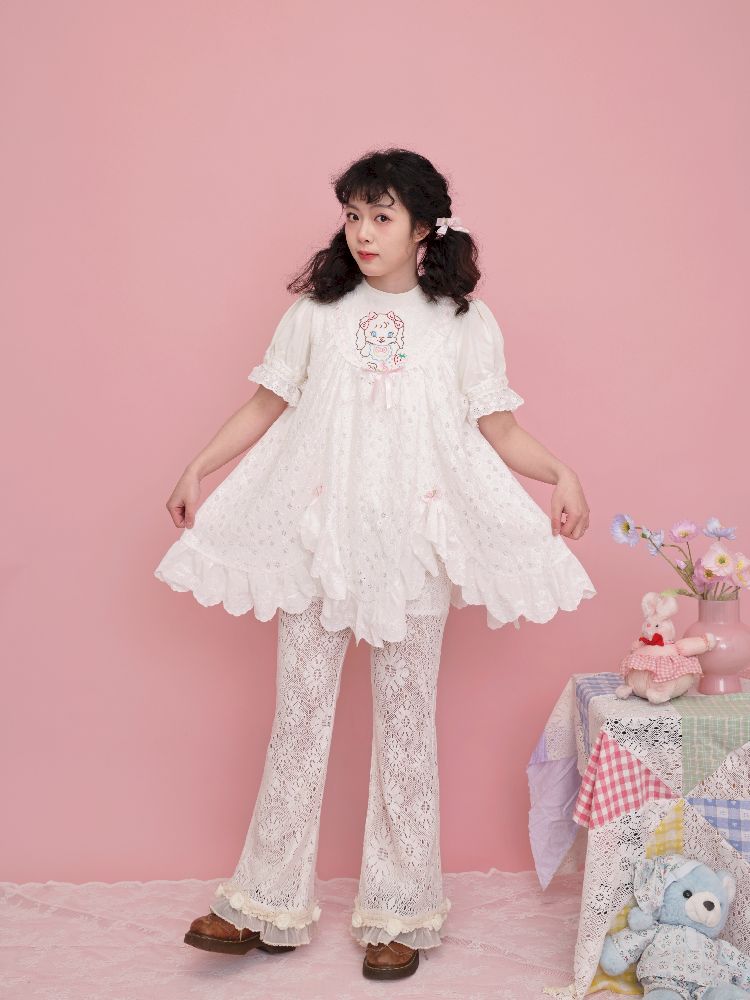 Lace Ribbon Bubble Sleeve T-Shirt【s0000012014】