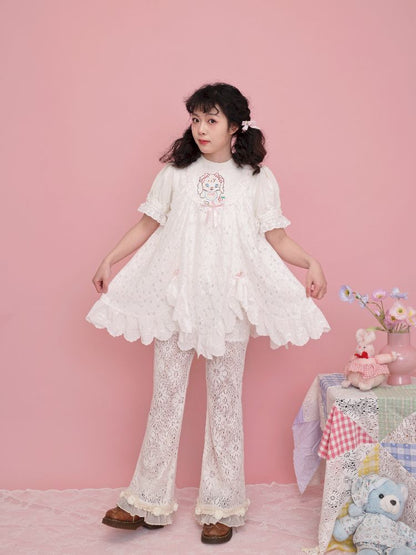 Lace Ribbon Bubble Sleeve T-Shirt【s0000012014】