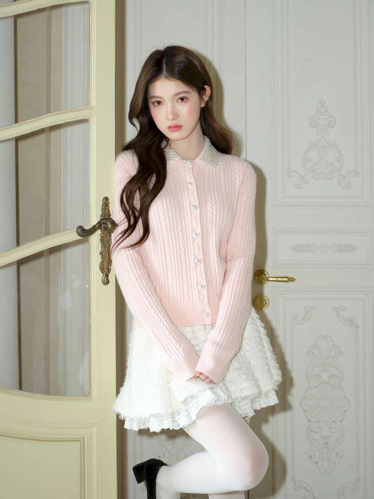 Pink Crochet Diamond Knit Cardigan【s0000015050】
