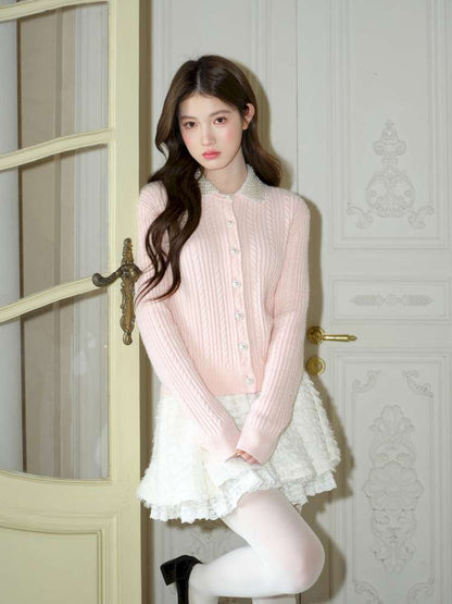 Pink Crochet Diamond Knit Cardigan【s0000015050】