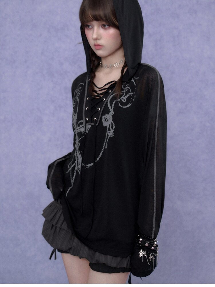 Dark Cross Print Strap Cardigan Hood【s0000017284】