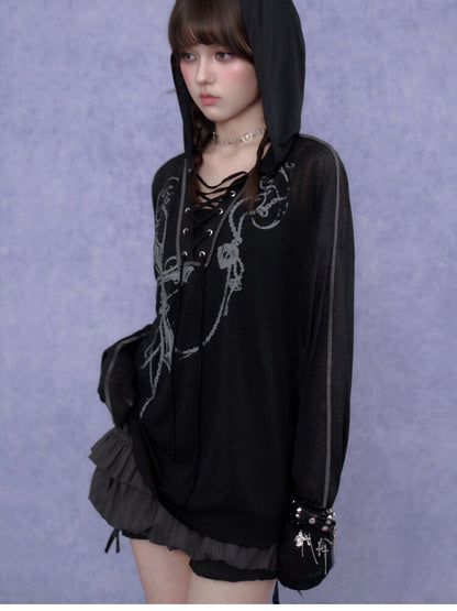 Dark Cross Print Strap Cardigan Hood【s0000017284】