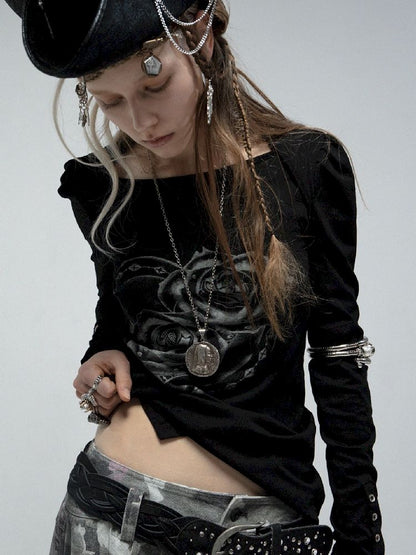 Bubble Sleeve Square Neck Printed Long Sleeve Tee【s0000011840】