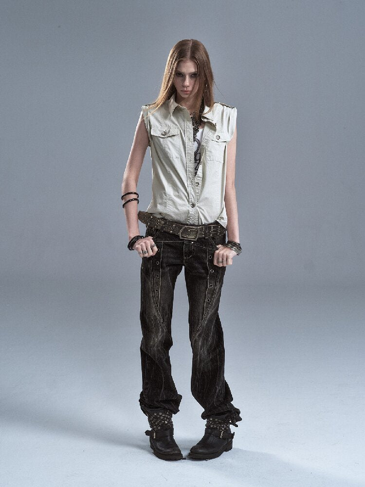 Lightning Rivet Black Denim Pants【s0000016634】