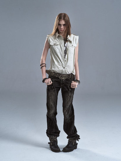 Lightning Rivet Black Denim Pants【s0000016634】