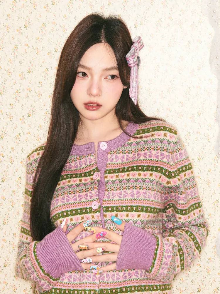 Geometric Knit Cardigan and Skirt Set【s0000014142】