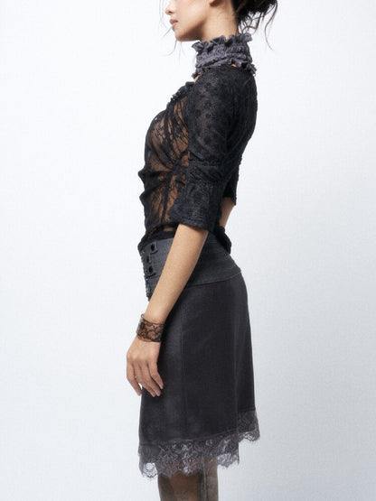 Flocked Lace Paneled Ruffled Shirt【s0000016067】
