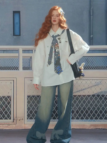 Loose tie print white long sleeve shirt【s0000014350】