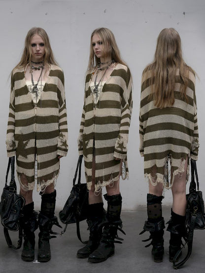 Striped knit loose bat-sleeve sunscreen hoodie【s0000012319】